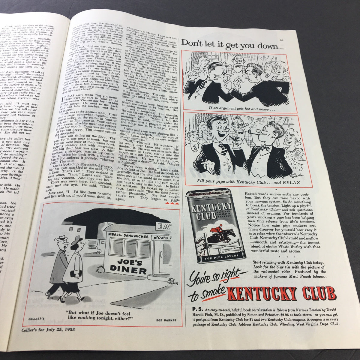 Collier's Magazine July 25 1953 showcasing cartoon illustrations and an advertisement for Kentucky Club tobacco, capturing the advertising style of the era.