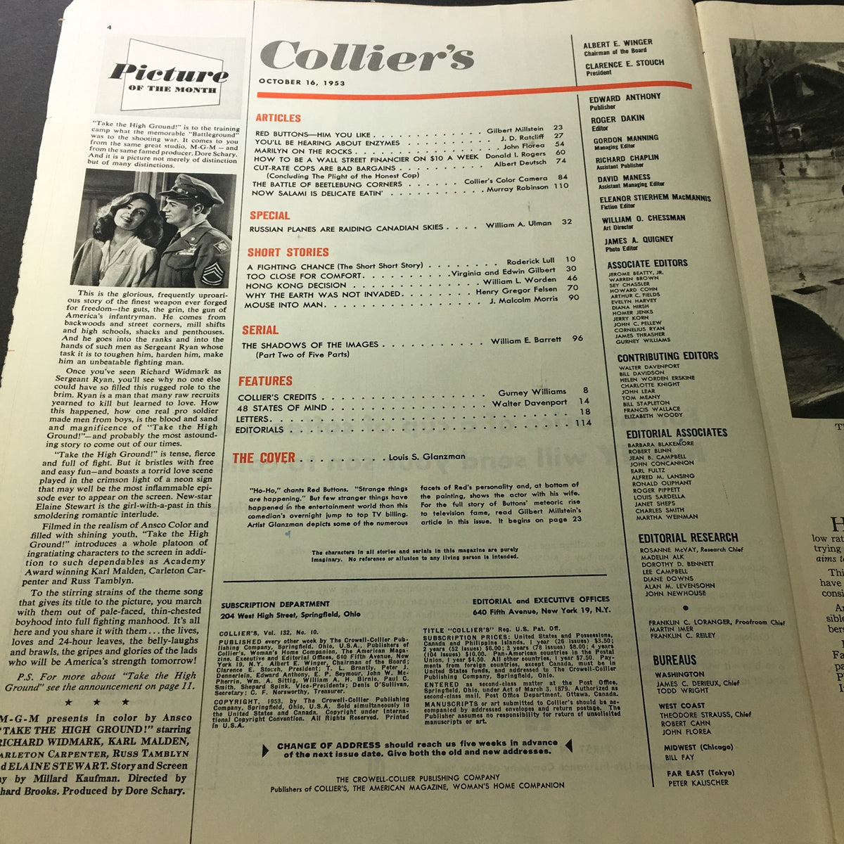 Inside page of VTG Collier's Magazine from October 16, 1953 displaying the contents and articles including those featuring Marilyn Monroe.