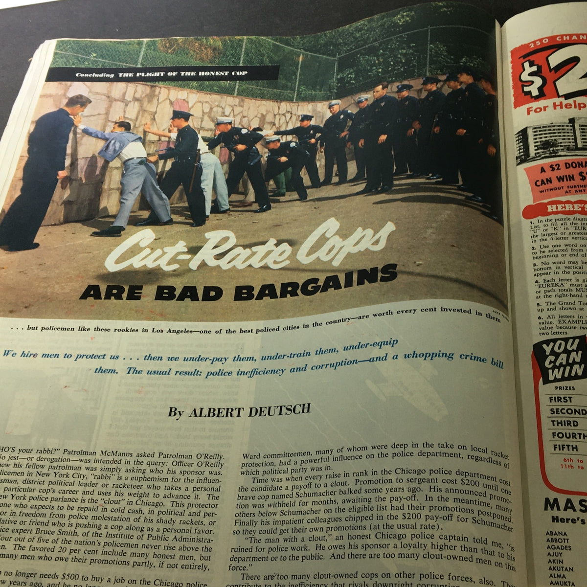 Article titled 'Cut-Rate Cops Are Bad Bargains' from VTG Collier's Magazine October 16 1953, depicting police officers in action.