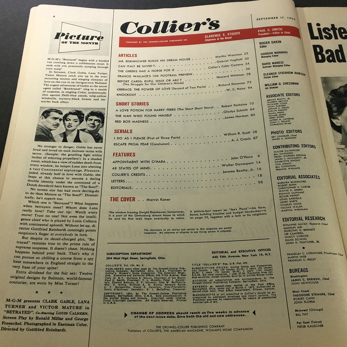 Table of contents page from VTG Collier's Magazine September 17 1954 highlighting the features and articles within.