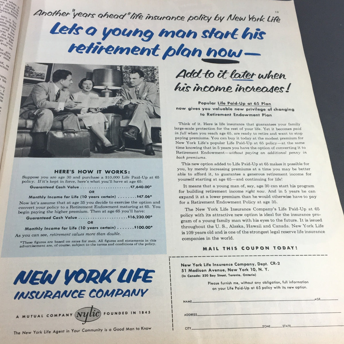 Advertisement in VTG Collier's Magazine September 17 1954 promoting New York Life Insurance's retirement plan.