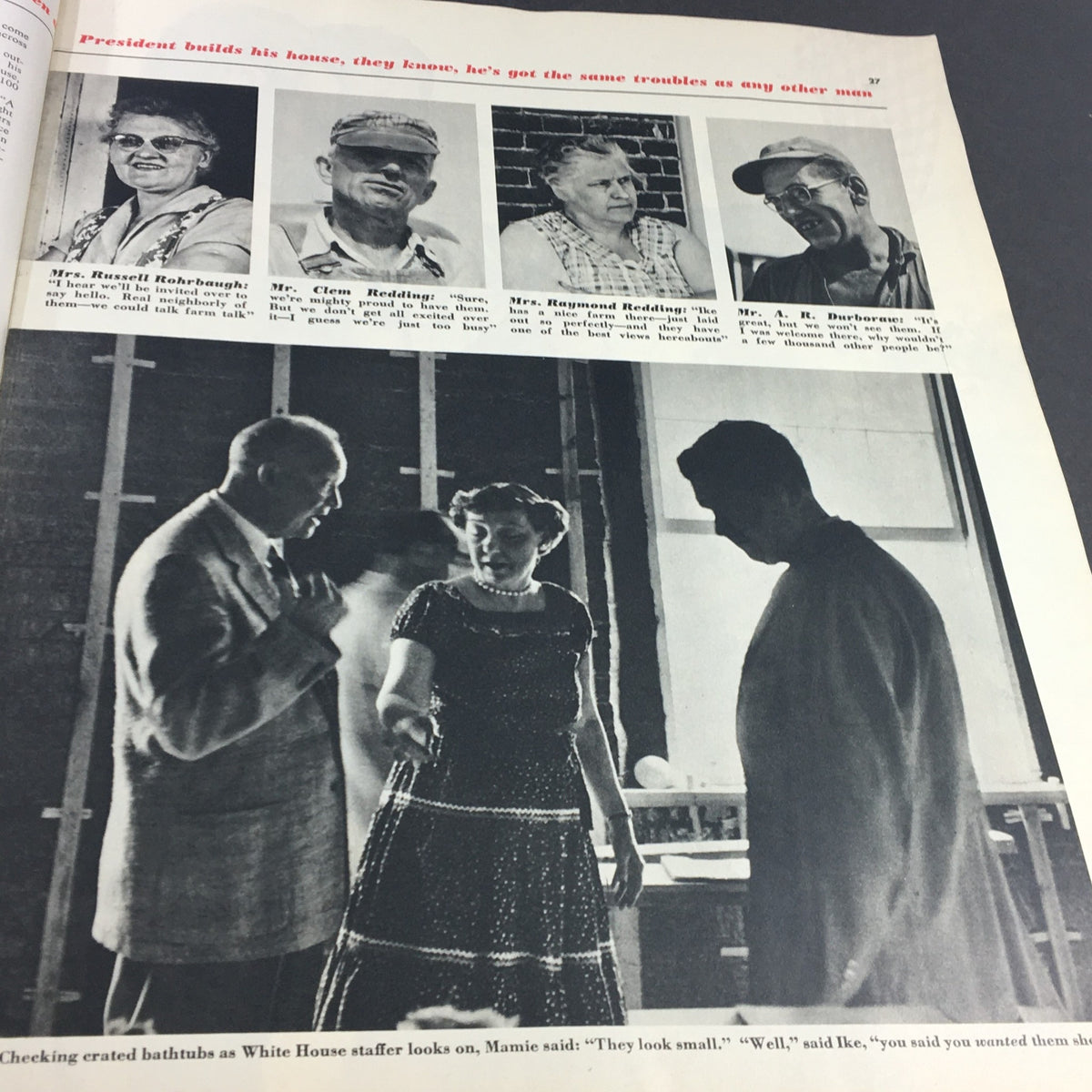 Page from VTG Collier's Magazine September 17 1954 depicting President Dwight Eisenhower discussing home design with Mamie Eisenhower.