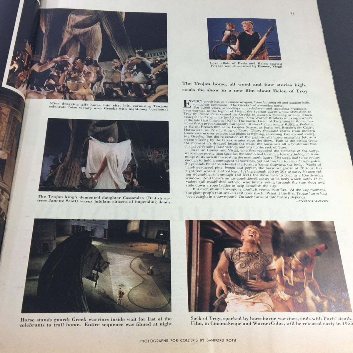 Inside spread of VTG Collier's Magazine September 17 1954 showcasing multiple scenes related to the Trojan Horse from a film, detailing the aftermath of bringing the horse into the city.