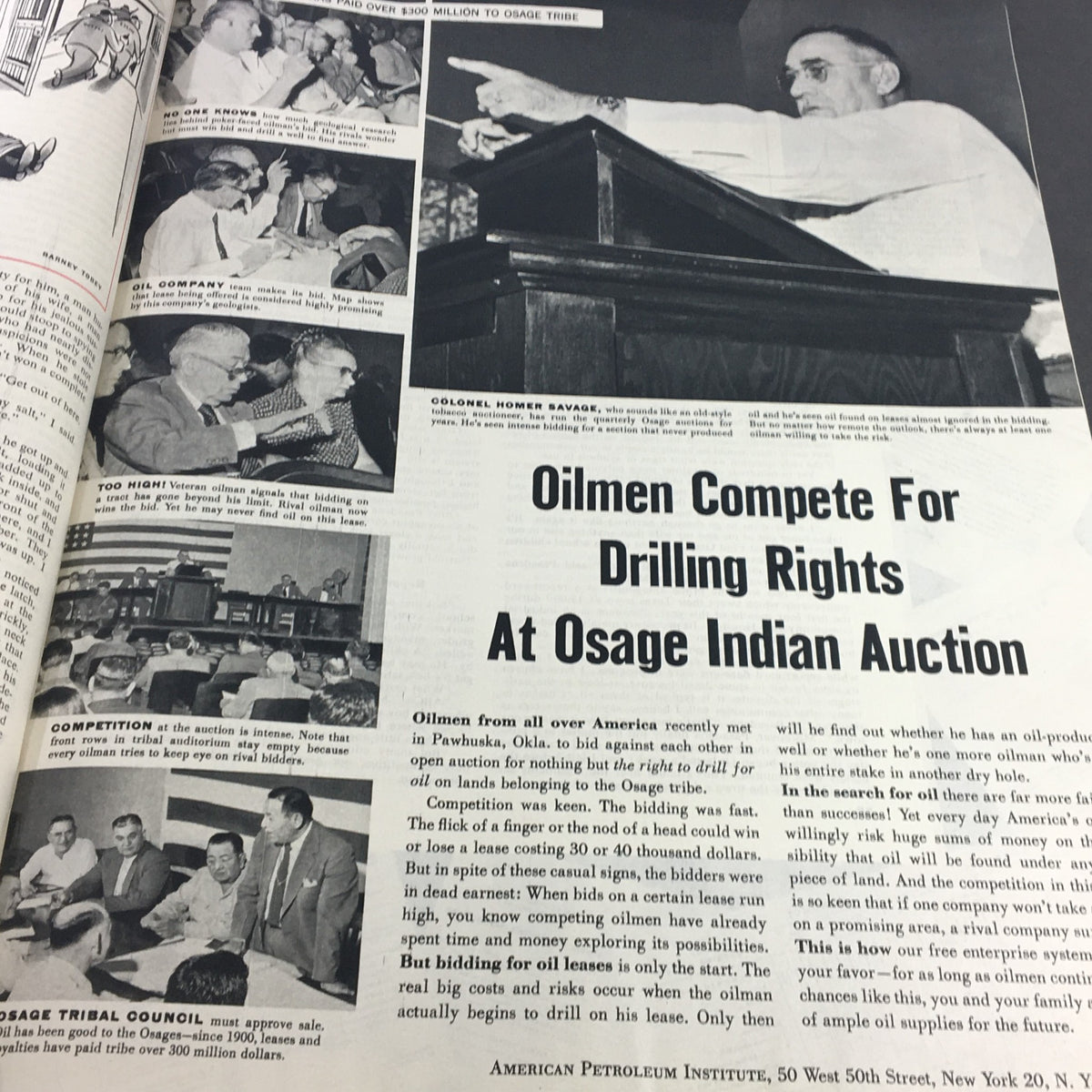 Article page from VTG Collier's Magazine September 17 1954 titled 'Oilmen Compete For Drilling Rights At Osage Indian Auction', discussing the auction process for drilling rights.