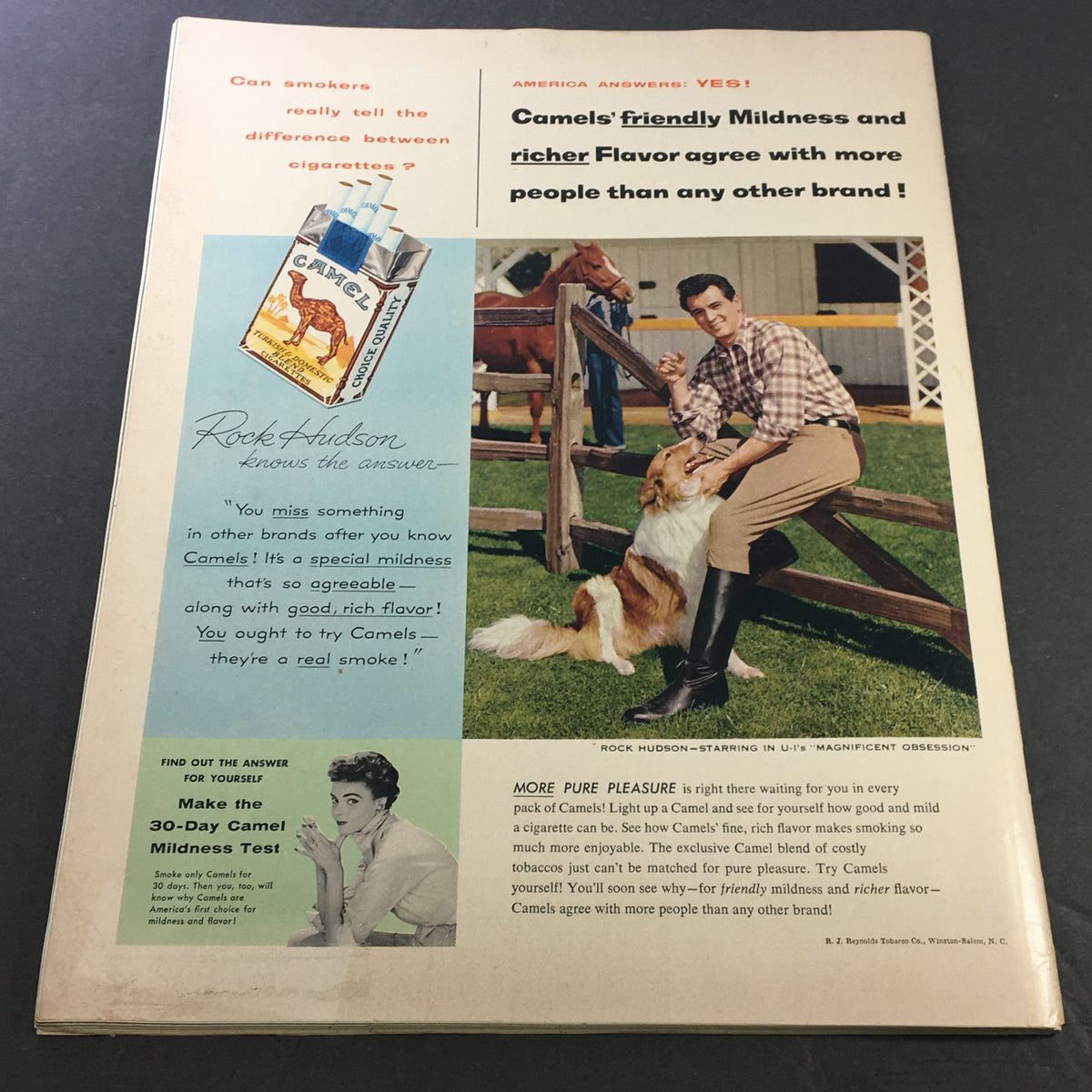 VTG Collier's Magazine September 17, 1954 featuring a Camel cigarettes advertisement with actor Rock Hudson promoting their rich flavor and mildness.