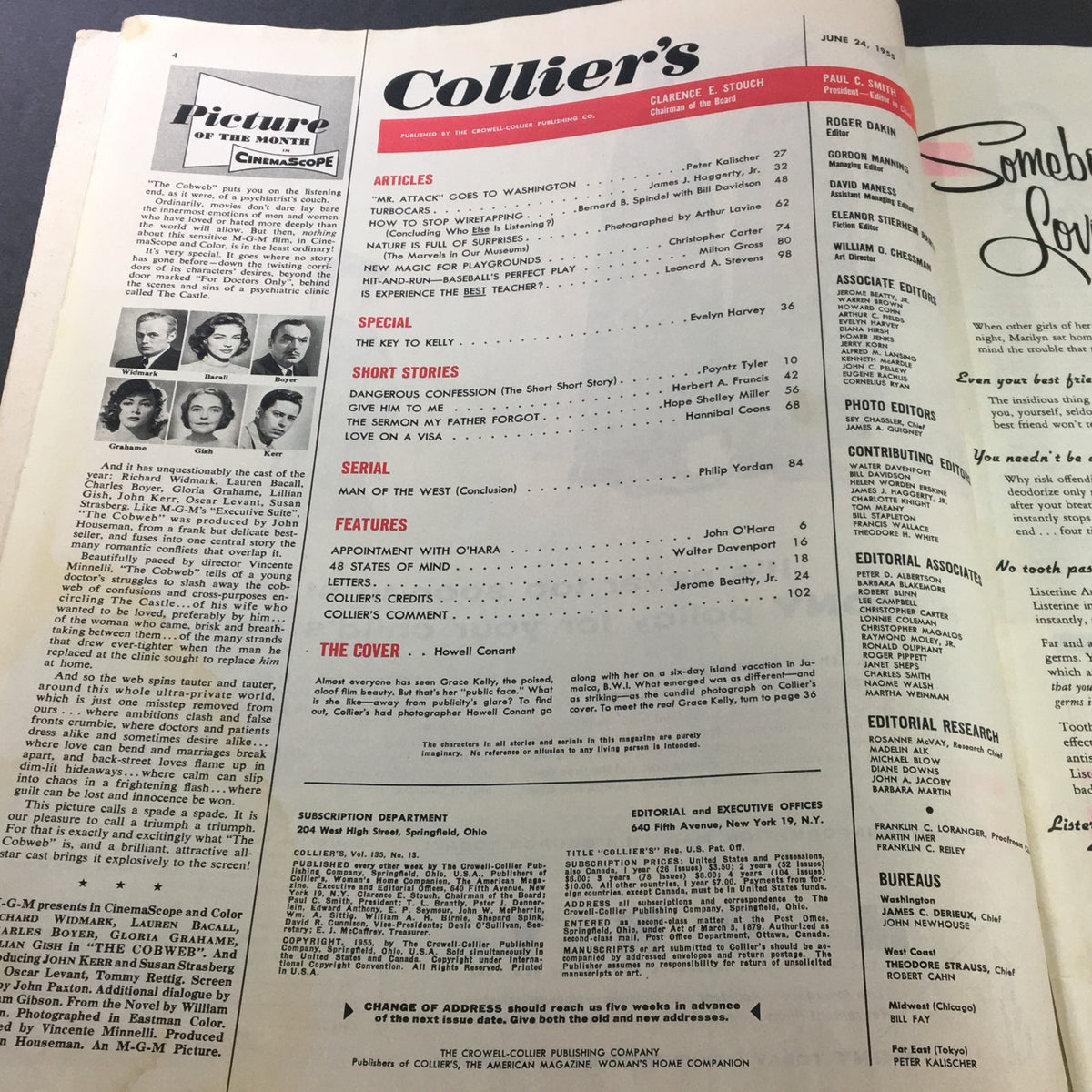 Internal page of Collier's Magazine June 24, 1955 listing articles and features, reflecting the magazine's content and layout from the era.