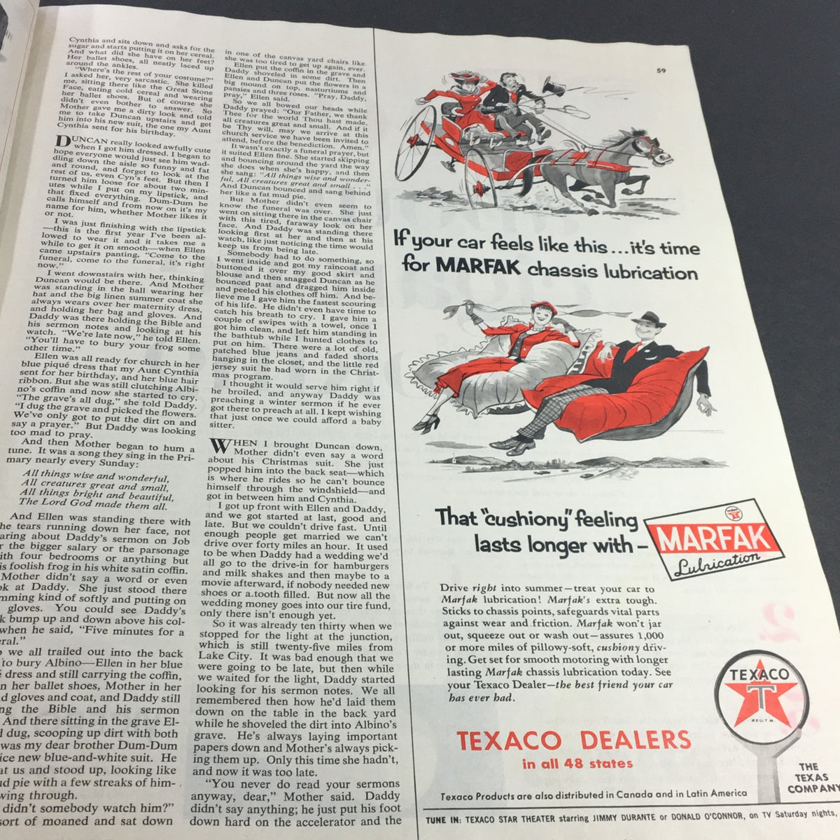 Collier's Magazine June 24, 1955 featuring an advertisement for Marfak lubrication with illustrations of a horse-drawn carriage and stylish figures.