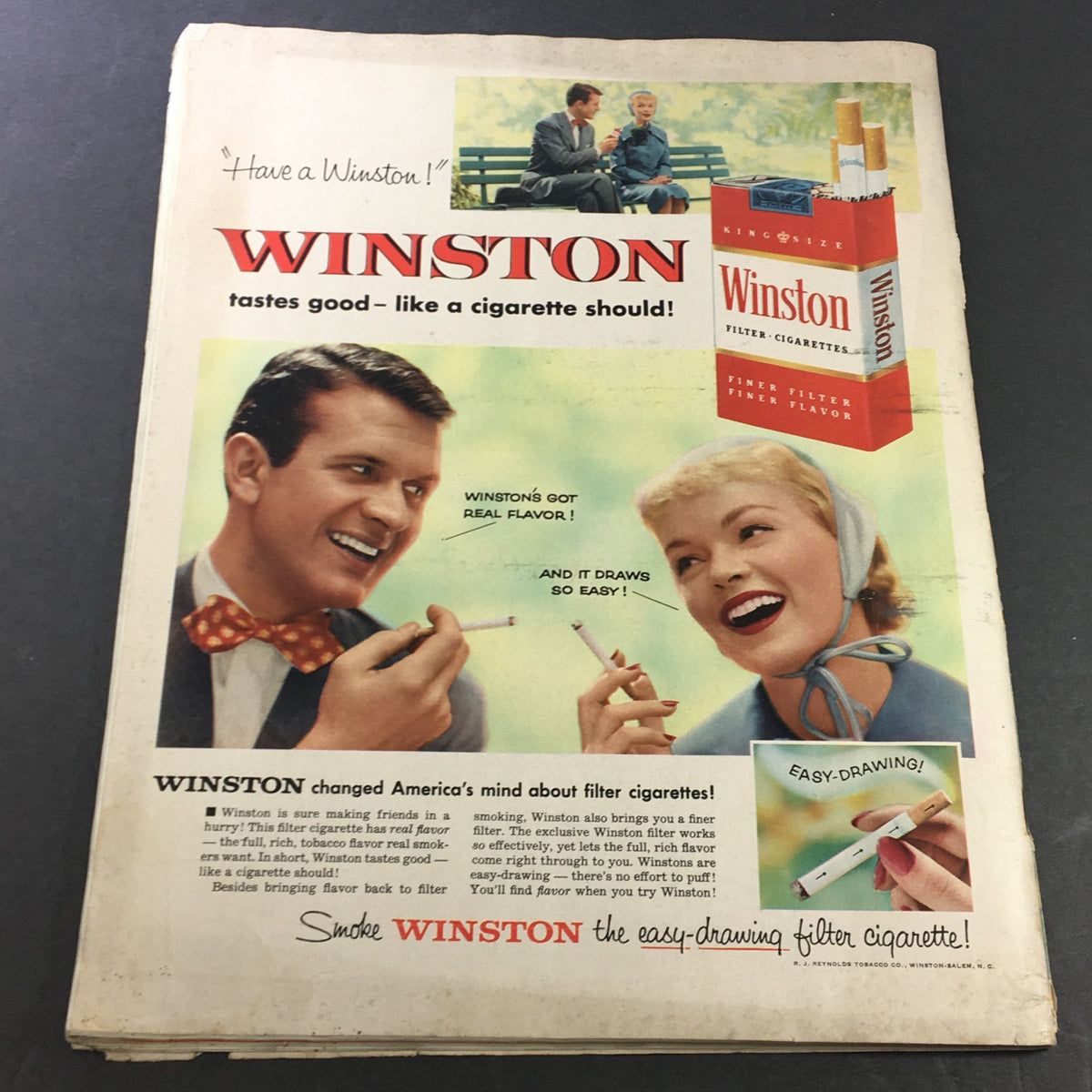 Collier's Magazine June 24, 1955 featuring an advertisement for Winston cigarettes, showcasing a man and woman enjoying cigarettes in a friendly outdoor setting, emphasizing the product's qualities.