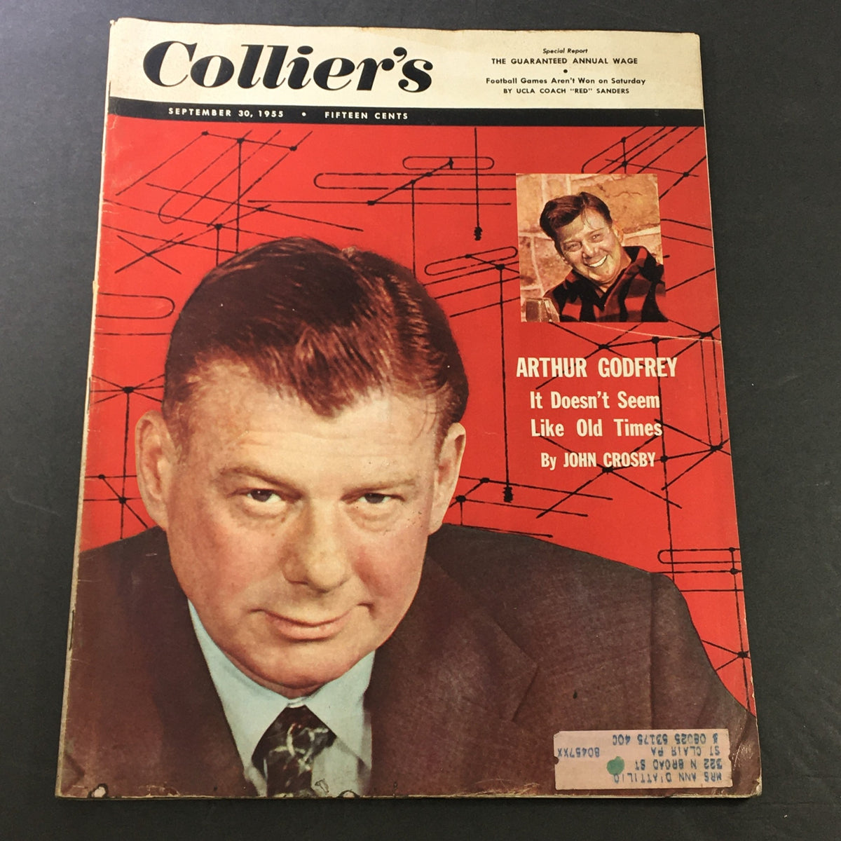 Cover of VTG Collier's Magazine from September 30, 1955, featuring Arthur Godfrey and an article by John Crosby, showcasing a vintage design with a prominent red background.