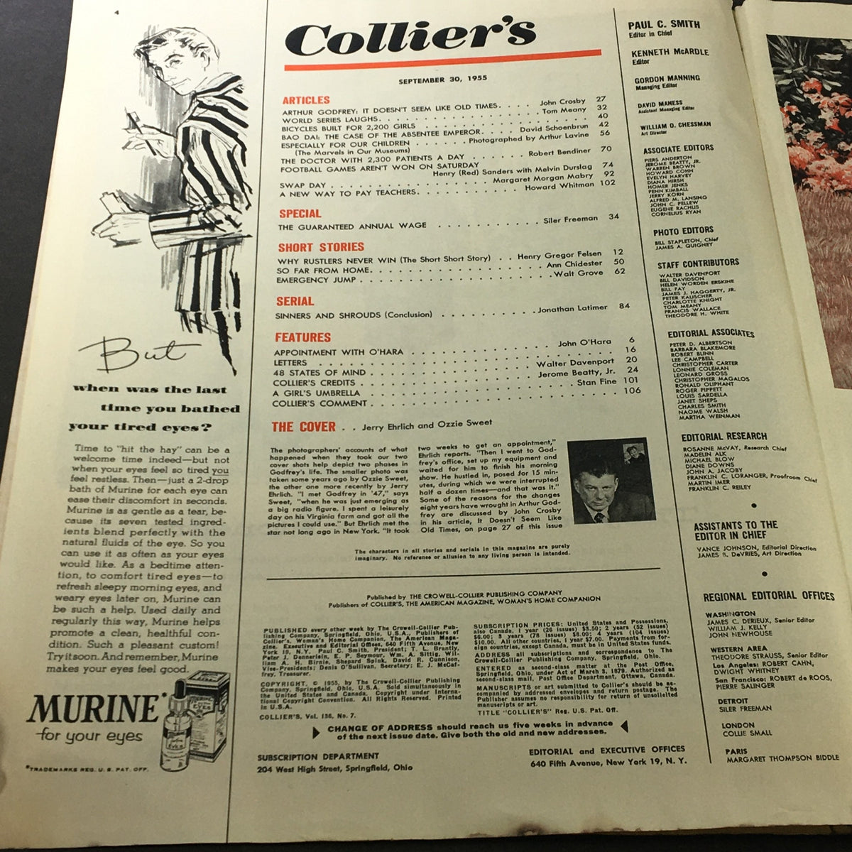 Collier's Magazine September 30, 1955, featuring contents page with articles and illustrations, highlighting Arthur Godfrey by John Crosby.