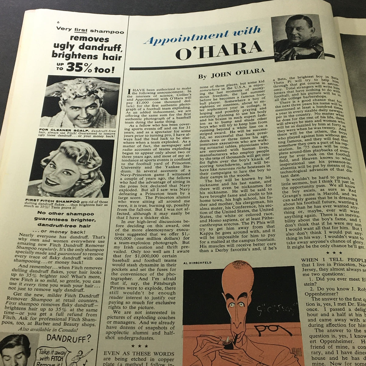 Article titled 'Appointment with O'Hara' in Collier's Magazine September 30, 1955, featuring an advertisement for dandruff shampoo.