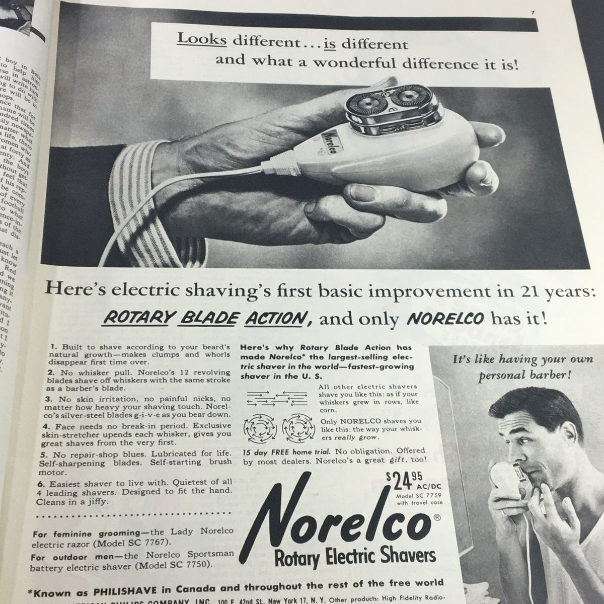 Advertisement for Norelco rotary electric shaver in Collier's Magazine September 30, 1955, showcasing product features.