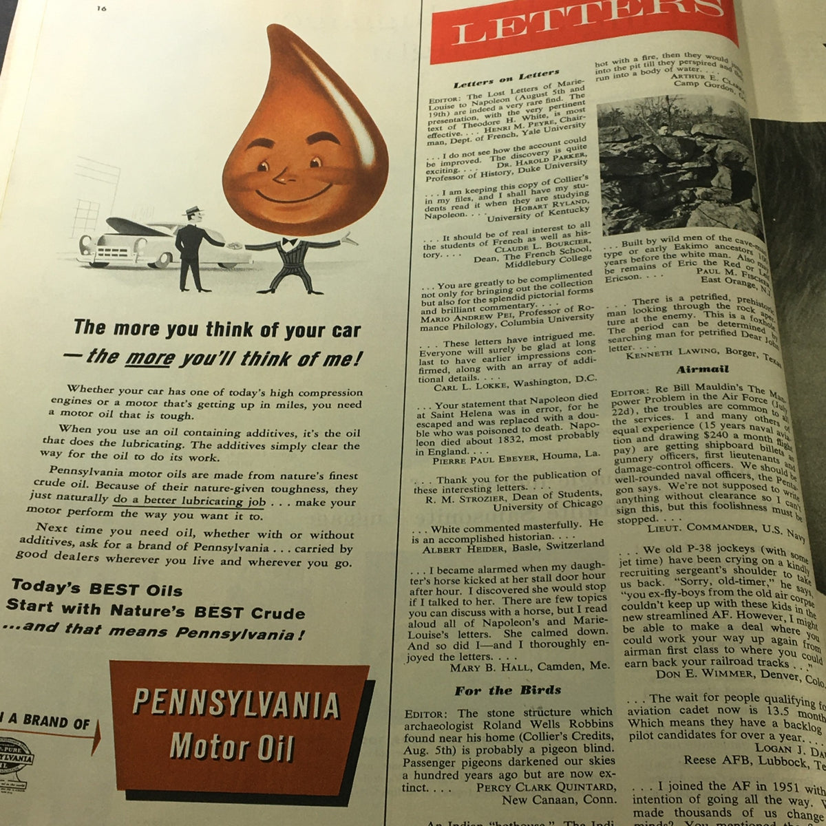 Letters section in Collier's Magazine September 30, 1955, discussing various topics with an illustration about Pennsylvania motor oil.