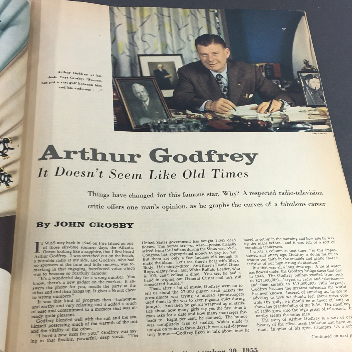 Arthur Godfrey at his desk, featured in Collier's Magazine September 30 1955, accompanied by a photograph and articles discussing his career.