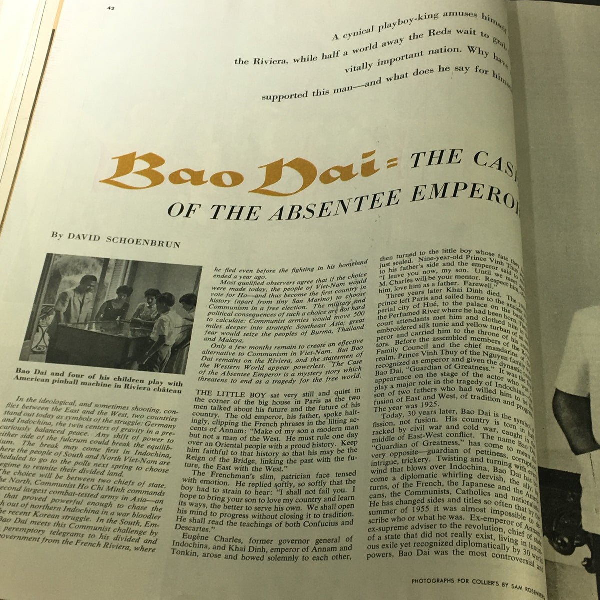 Article titled 'Bao Dai: The Case of the Absentee Emperor' from Collier's Magazine September 30 1955, featuring Bao Dai with family.