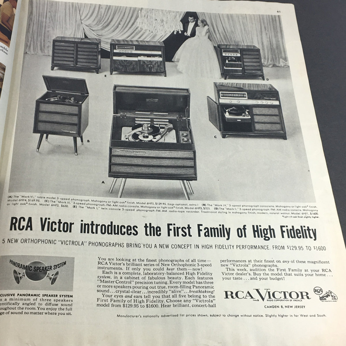 Vintage advertisement introducing the RCA Victor First Family of High Fidelity phonographs from Collier's Magazine, September 30, 1955, showcasing various models and features.