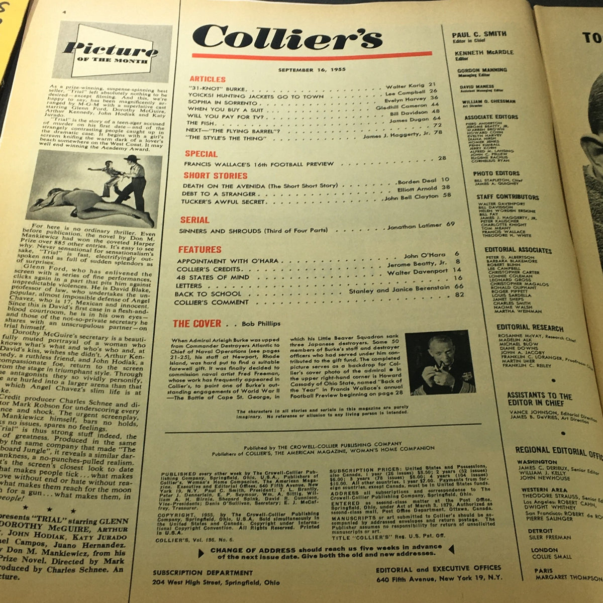 Interior page of VTG Collier's Magazine September 16 1955 featuring articles and contributors including Francis Wallace's 16th Football Preview.