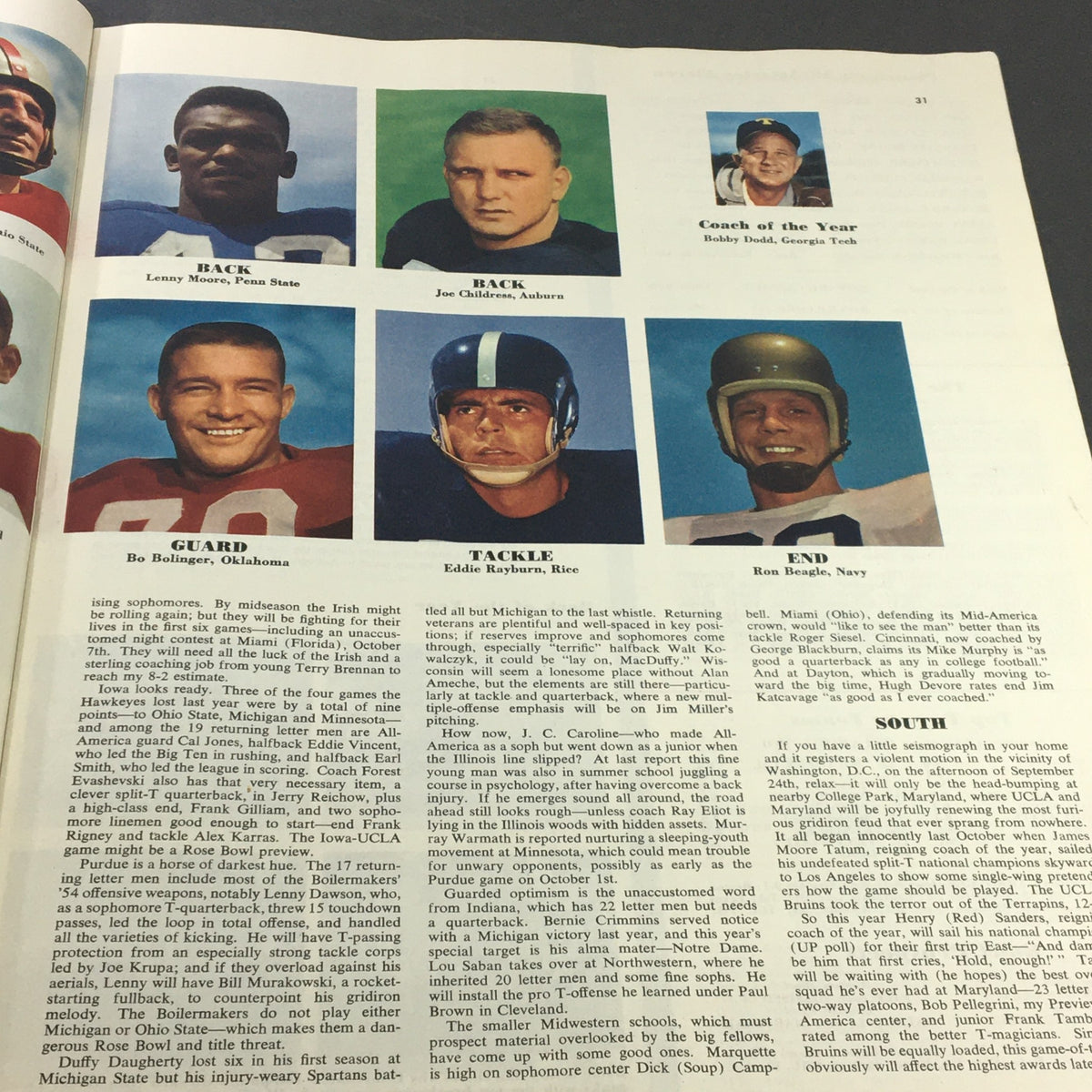 Interior page of VTG Collier's Magazine September 16 1955 highlighting football athletes including Lenny Moore and Joe Childress, capturing the spirit of mid-20th century sports.