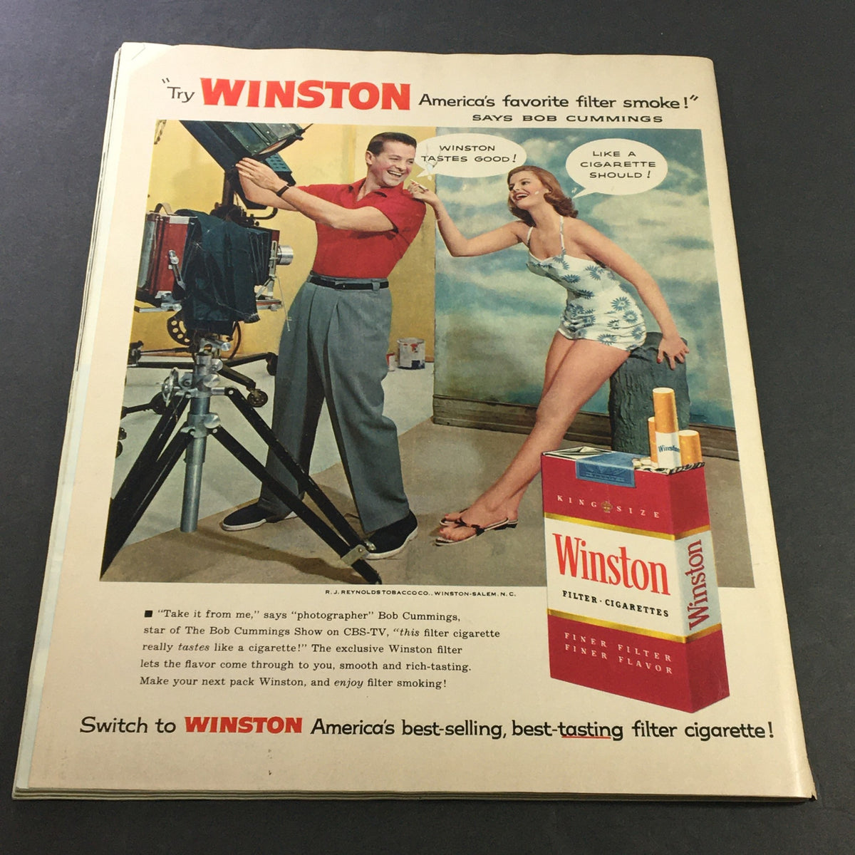 VTG Collier's Magazine June 22 1956 promoting Winston cigarettes with a playful scene of a photographer and a model, highlighting the brand's appeal.