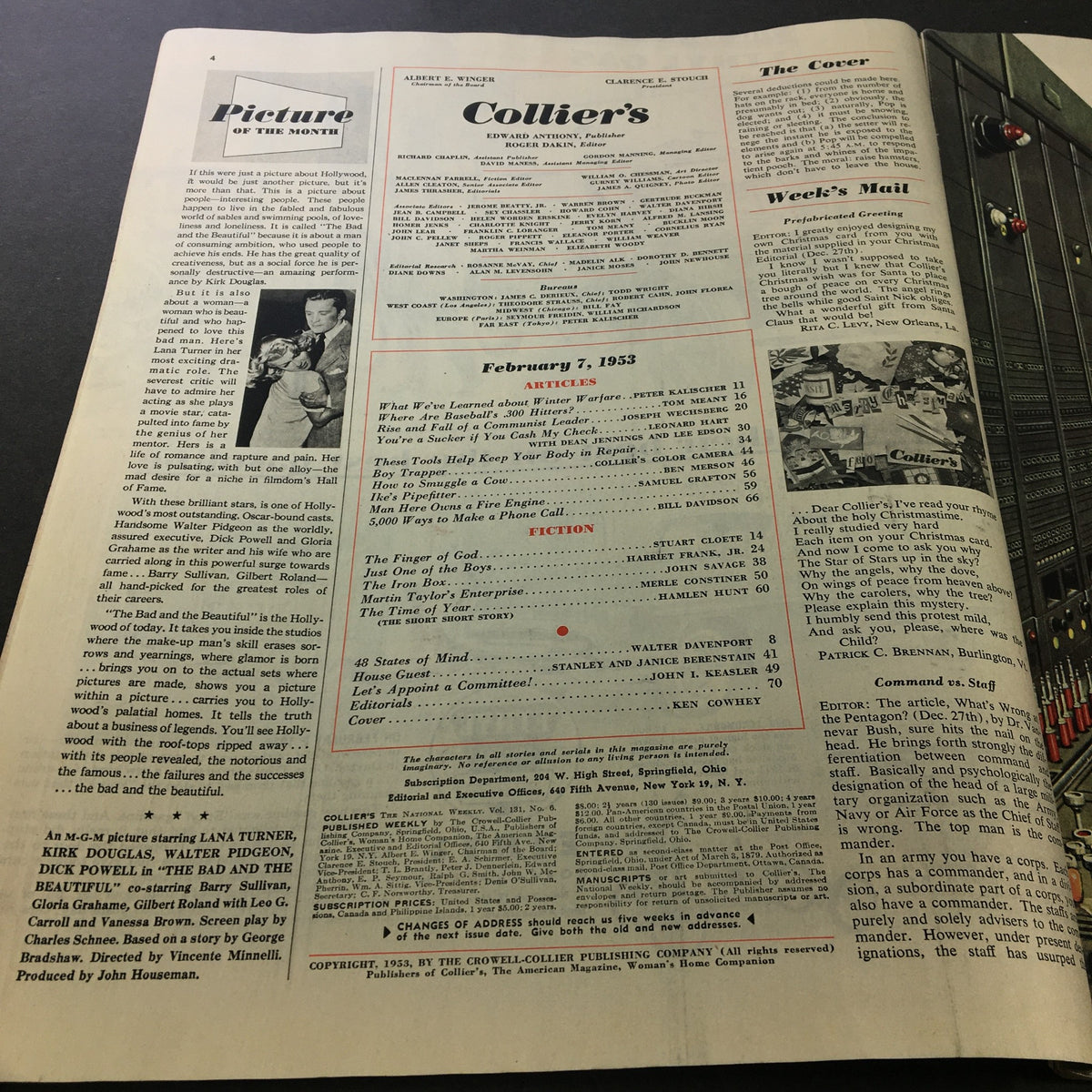 Interior page of VTG Collier's Magazine February 7, 1953 displaying a table of contents and articles, providing insights into the publication's features on American culture and politics.