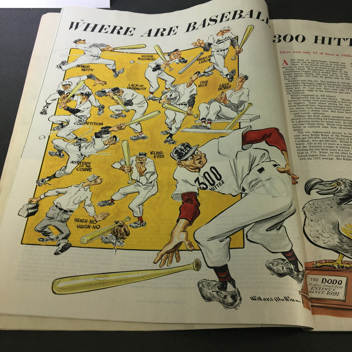 VTG Collier's Magazine February 7 1953 displaying an illustrated feature titled 'Where Are Baseball 300 Hitters?', depicting various baseball players in action.