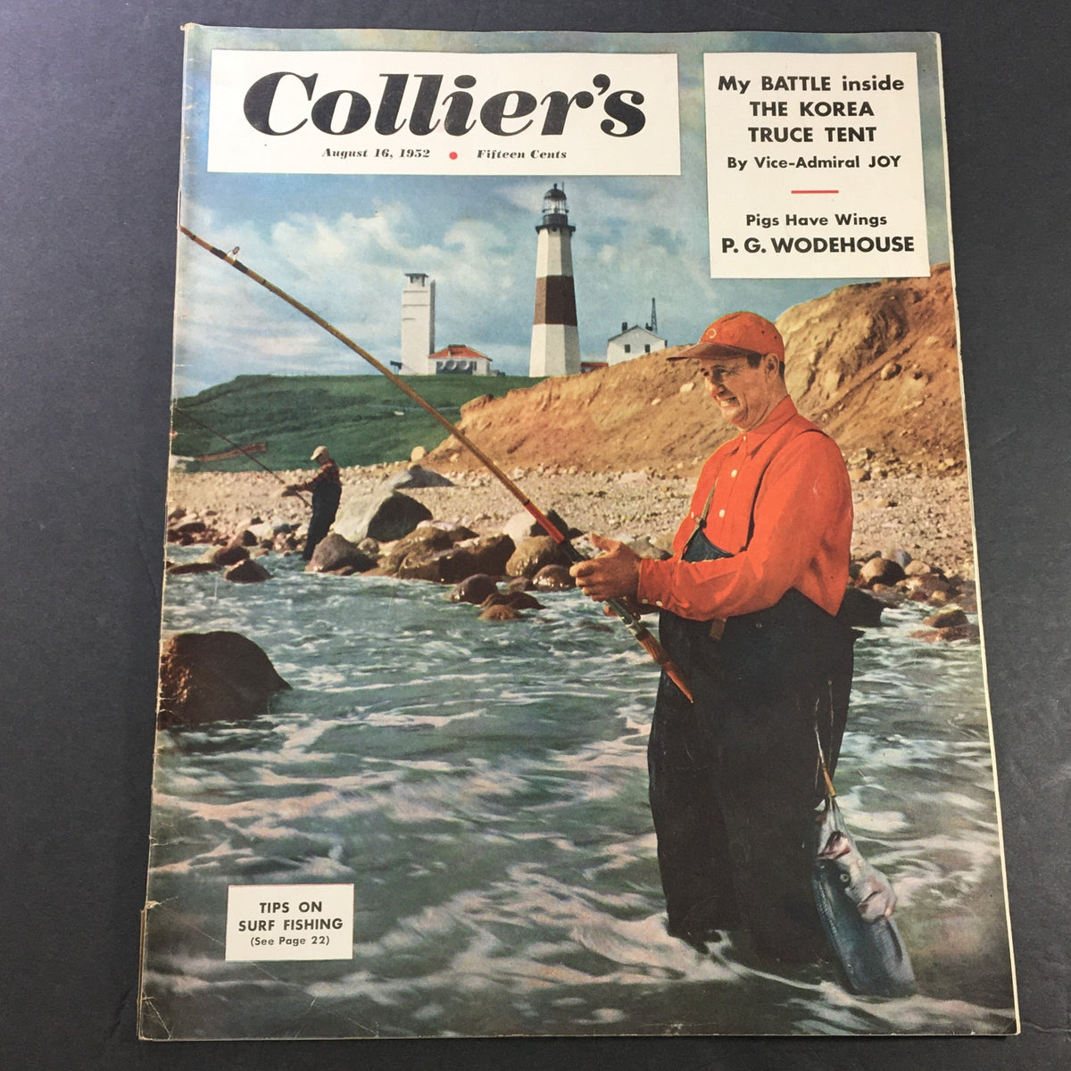 Cover of VTG Collier's Magazine August 16 1952 featuring the story 'Pigs Have Wings' by P.G. Wodehouse with a scenic fishing theme.