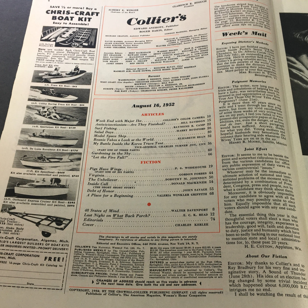 Interior page of VTG Collier's Magazine August 16 1952 showcasing articles and advertisements from the era.