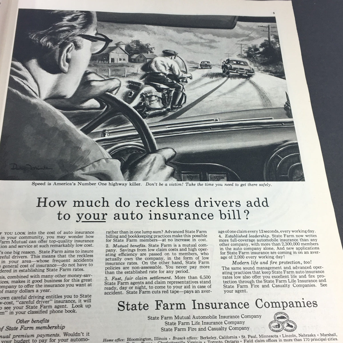 Illustrative advertisement featured in VTG Collier's Magazine August 16 1952, showcasing a driver and traffic with a message about safe driving and auto insurance.