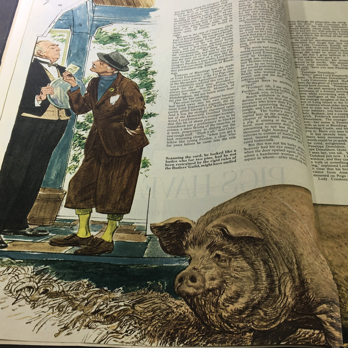 Illustration from the story 'Pigs Have Wings' in VTG Collier's Magazine August 16 1952, featuring a humorous scene with characters and a pig, highlighting P.G. Wodehouse's light-hearted storytelling.