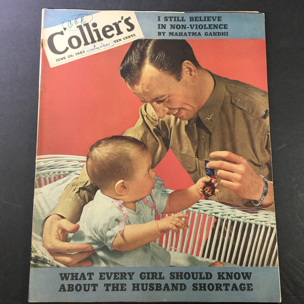 Cover of VTG Collier's Magazine June 26, 1943 featuring the article 'I Still Believe in Non-Violence' and an image of a man with a baby.