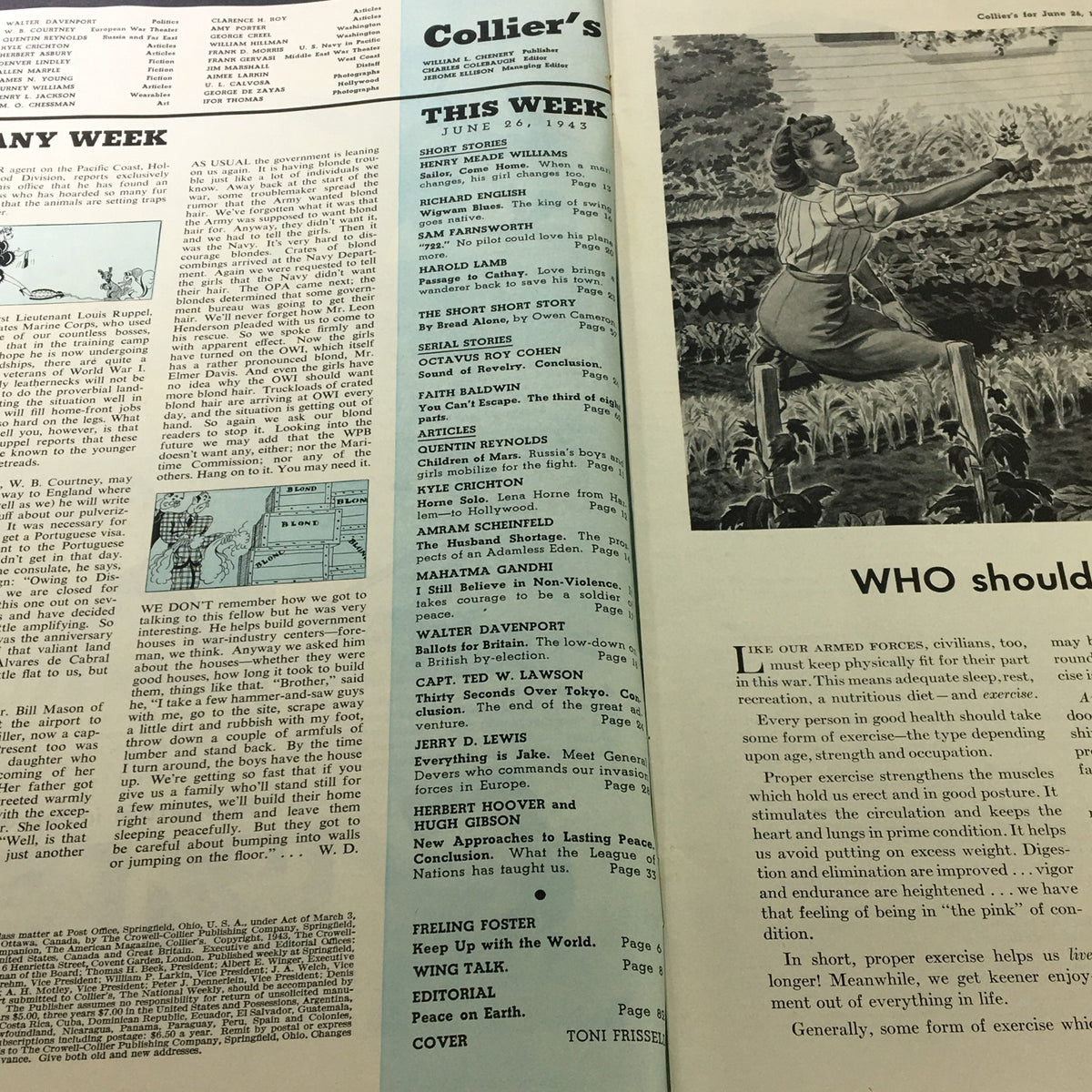 Interior page of VTG Collier's Magazine June 26, 1943 showing the contents section with featured articles and sections.