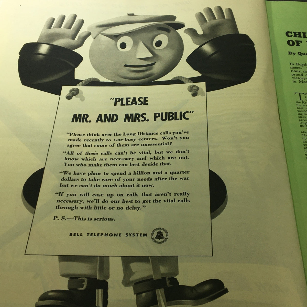 Advertisement in VTG Collier's Magazine June 26, 1943 appealing to the public about long distance calls during wartime.