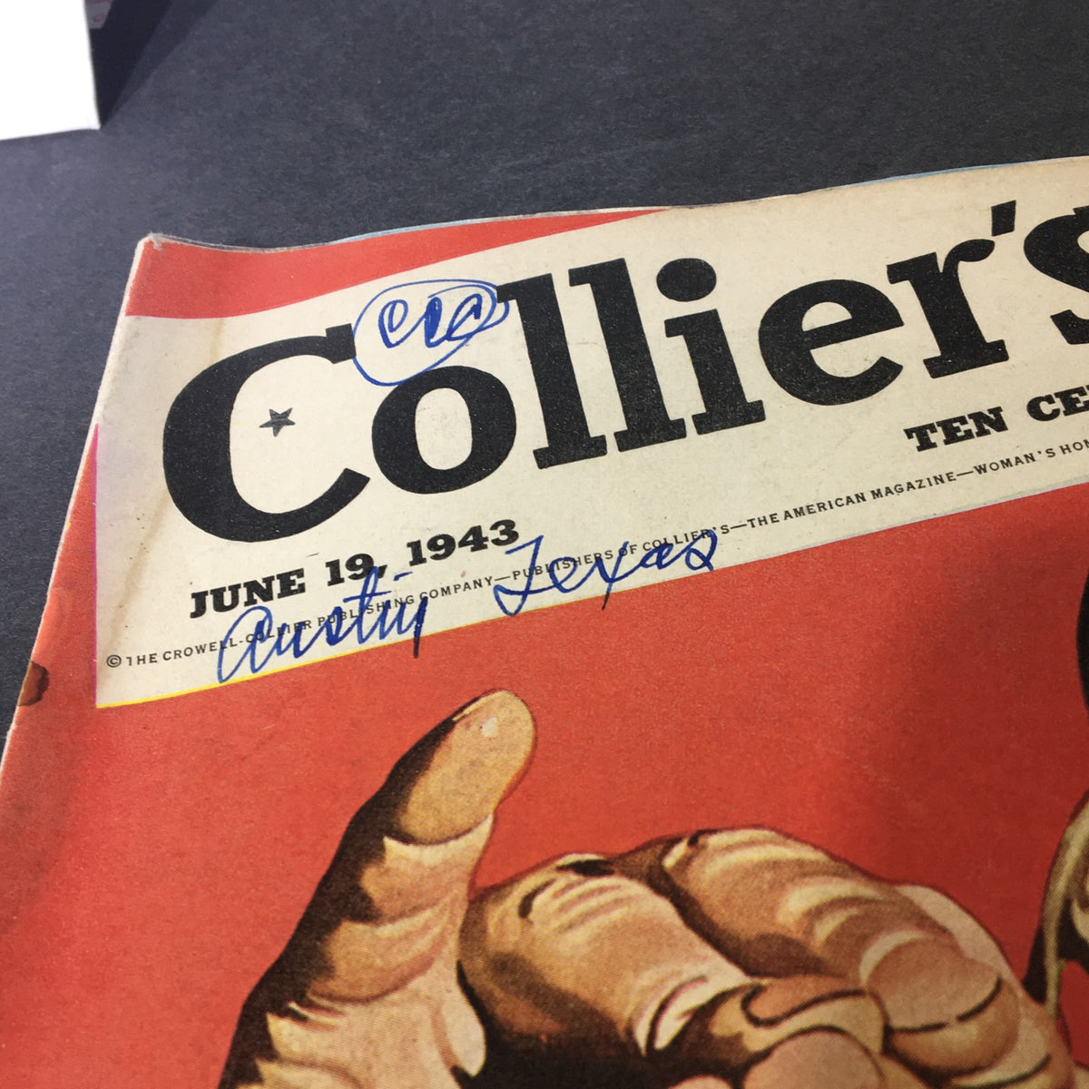 Close-up of the cover of VTG Collier's Magazine June 19 1943 showing the title and a handwritten note reading 'Austin Texas'.