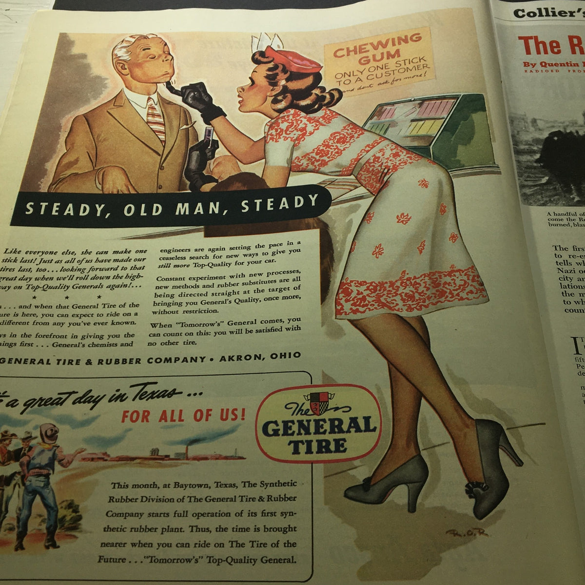 Vintage Collier's Magazine June 19, 1943 illustration promoting General Tire, showcasing a woman in a retro outfit advising a man, reflecting advertising styles of the early 1940s.