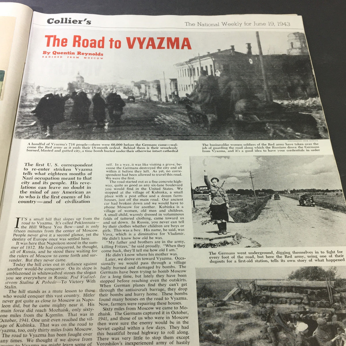 Vintage Collier's Magazine June 19, 1943 article titled 'The Road to VYAZMA' by Quentin Reynolds, discussing the historical impact of WWII on Russian civilians with accompanying images.