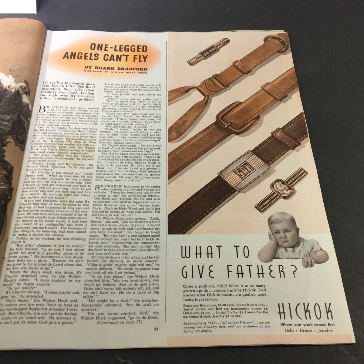 Vintage Collier's Magazine June 19, 1943 article titled 'One-Legged Angels Can't Fly' by Roark Bradford, featuring an illustration and advertisements from the early 1940s.
