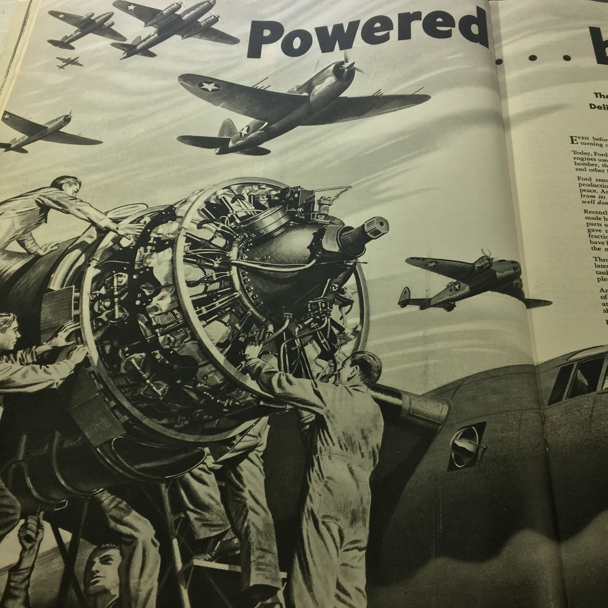 Illustration from VTG Collier's Magazine June 19 1943 showcasing mechanics working on aircraft engines, highlighting World War II era aviation technology.