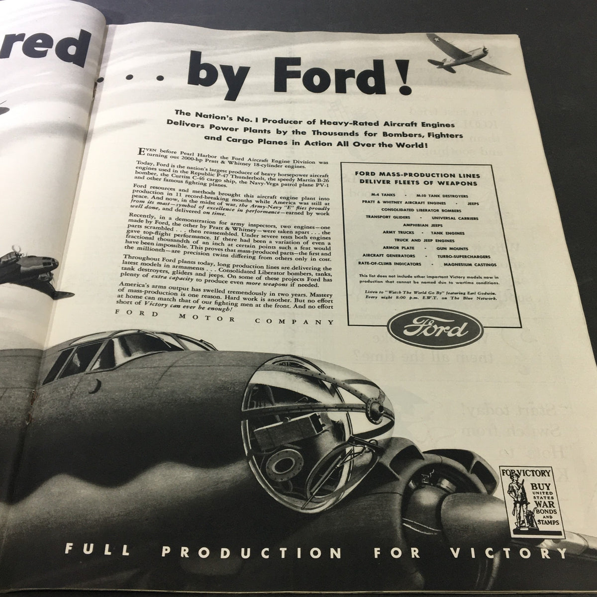 Advertisement from VTG Collier's Magazine June 19 1943 by Ford, promoting their role in producing heavy-rated aircraft engines for World War II bombers and fighters.