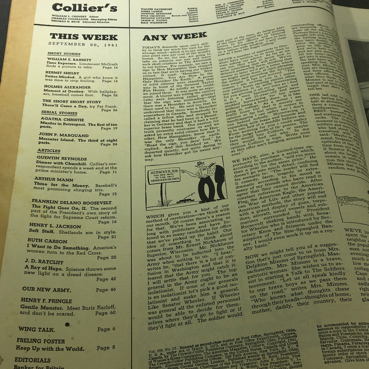 Table of contents from VTG Collier's Magazine September 20 1941 listing articles and authors.