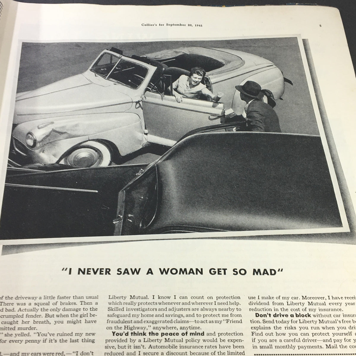 Black and white photo in VTG Collier's Magazine September 20 1941 depicting a young woman in a car facing a man.