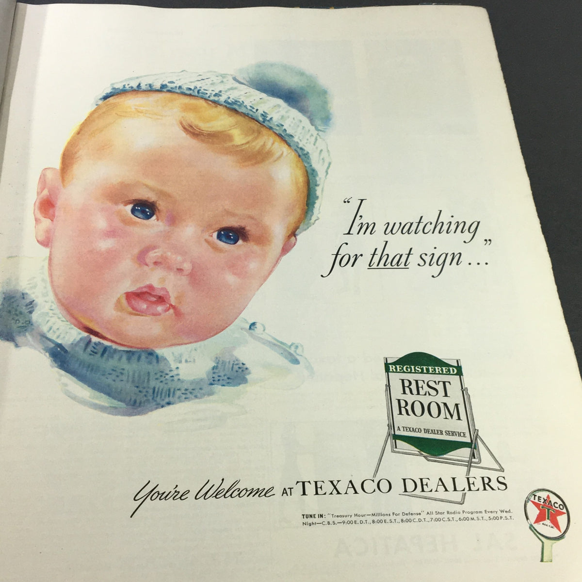 Vintage advertisement featuring a baby saying 'I'm watching for that sign...' for Texaco Dealers from the VTG Collier's Magazine September 20 1941.