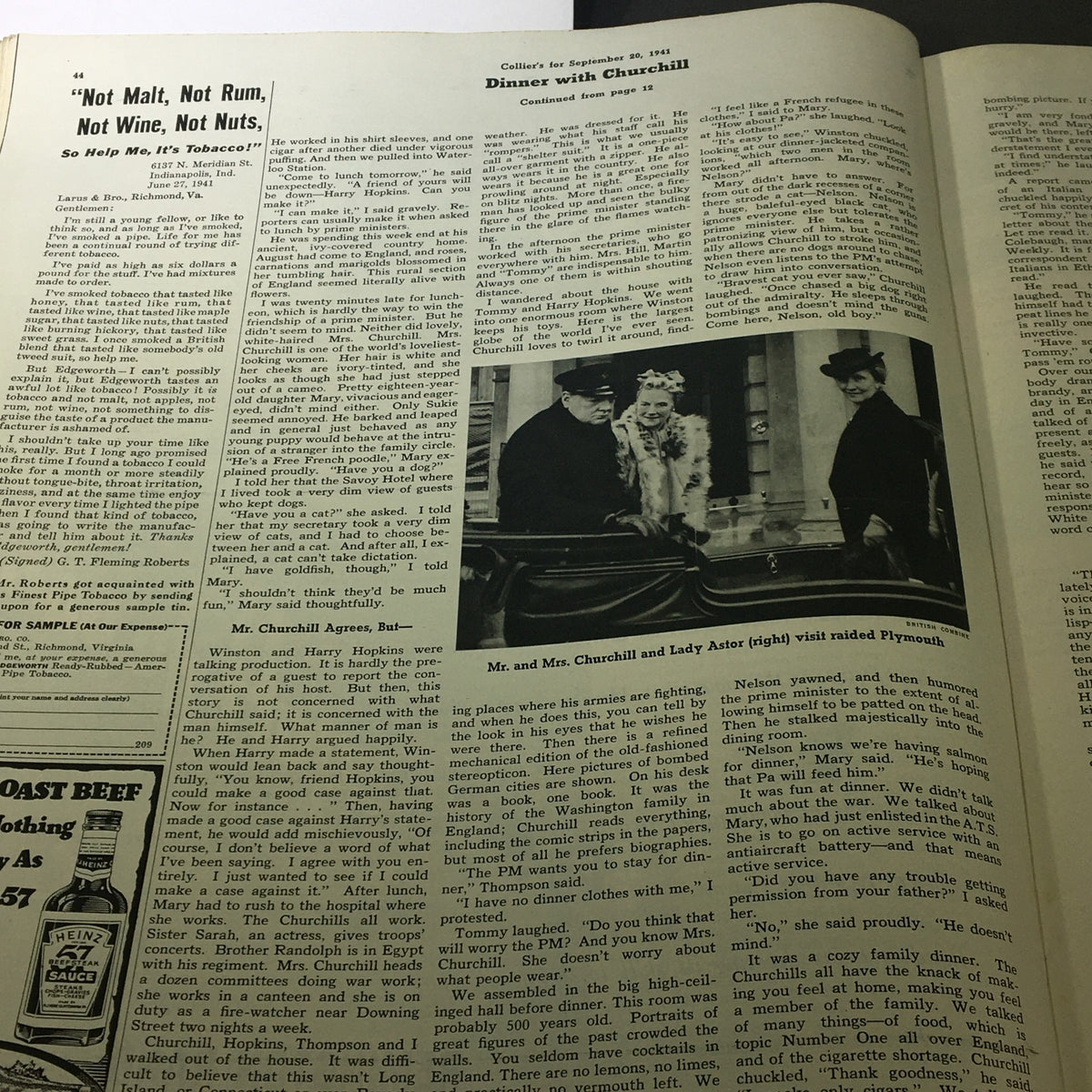 Article titled 'Dinner with Churchill' featuring Mr. and Mrs. Churchill with Lady Astor in the VTG Collier's Magazine September 20 1941.