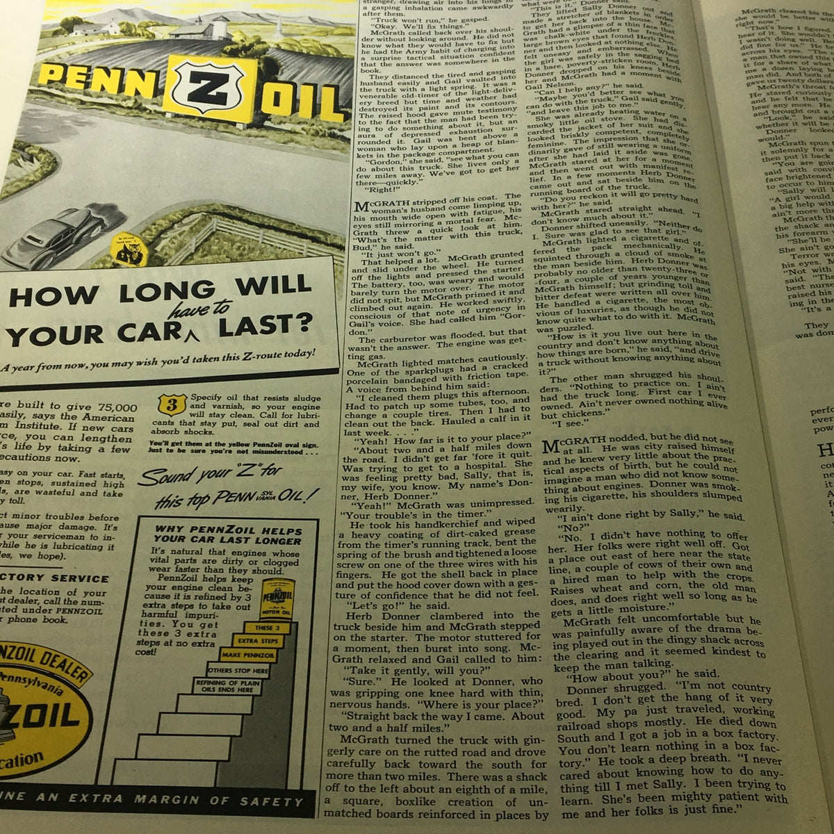 Advertisement for Pennzoil oil with a colorful graphic depicting a road, in the VTG Collier's Magazine September 20 1941.