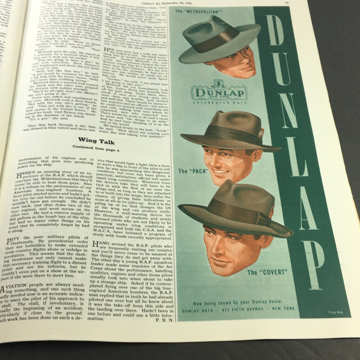 Dunlap hat advertisement showcasing various hat styles in the VTG Collier's Magazine September 20 1941.