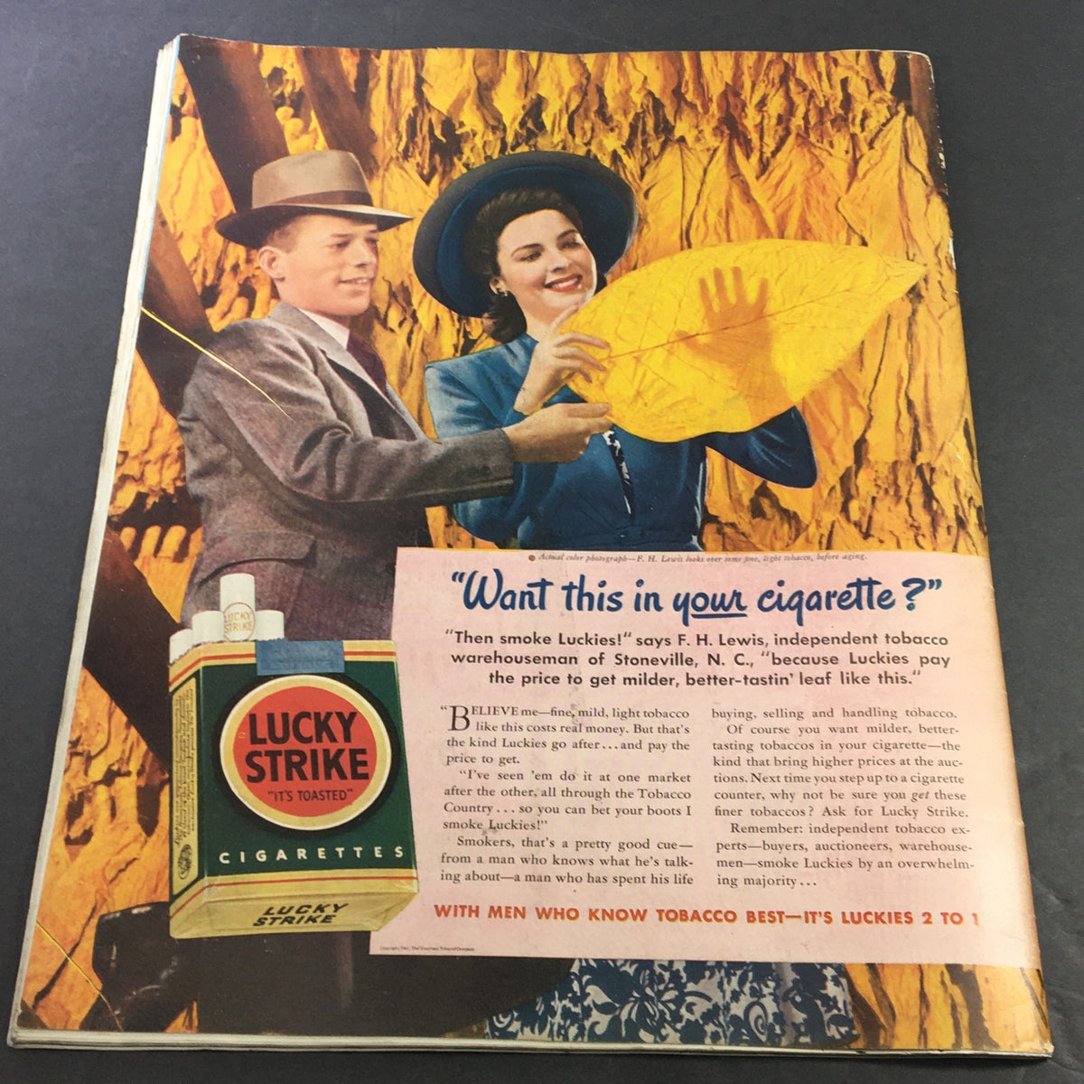 VTG Collier's Magazine September 7 1941 advertisement for Lucky Strike cigarettes featuring a man and woman discussing tobacco.