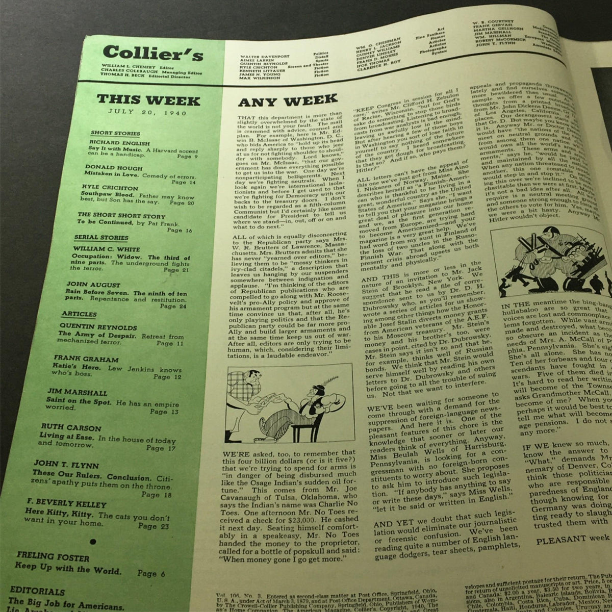 Interior page of VTG Collier's Magazine July 20, 1940, showing the contents list including articles and stories, highlighting feature by Richard English.