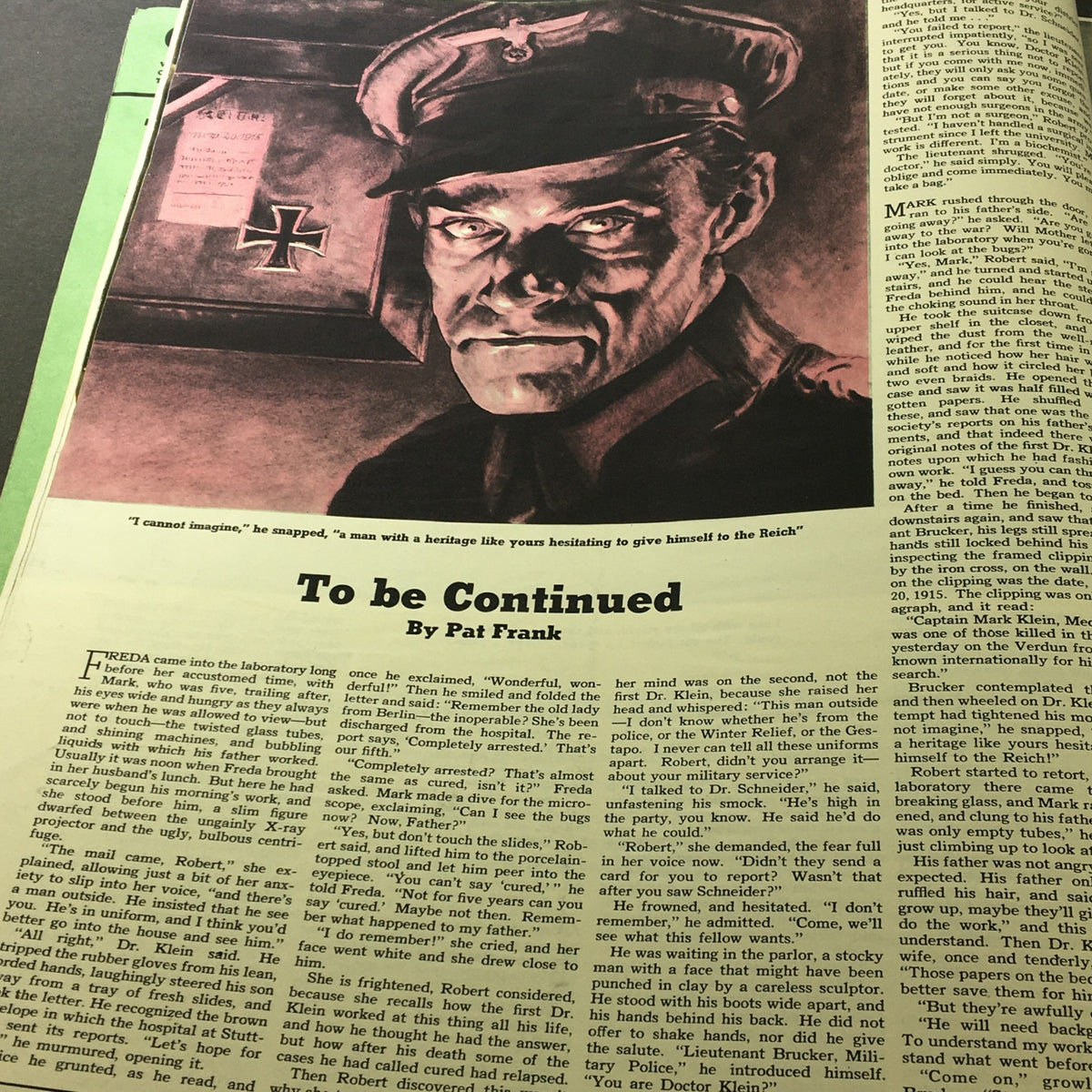 Page from VTG Collier's Magazine July 20, 1940, featuring a dramatic illustration and text titled 'To be Continued' by Pat Frank.