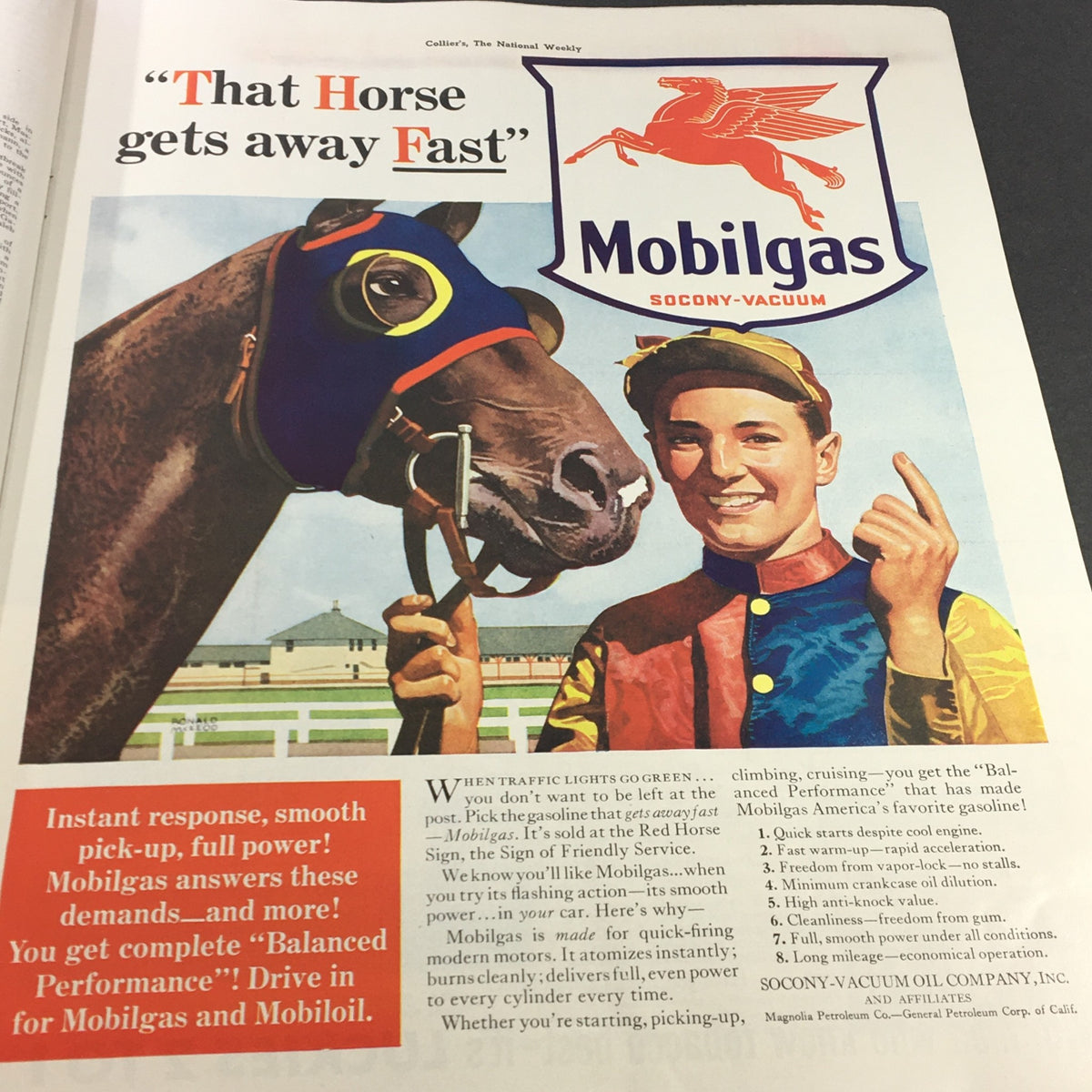 Vintage advertisement from VTG Collier's Magazine July 20, 1940, for Mobilgas, featuring a jockey and horse promoting gasoline performance.