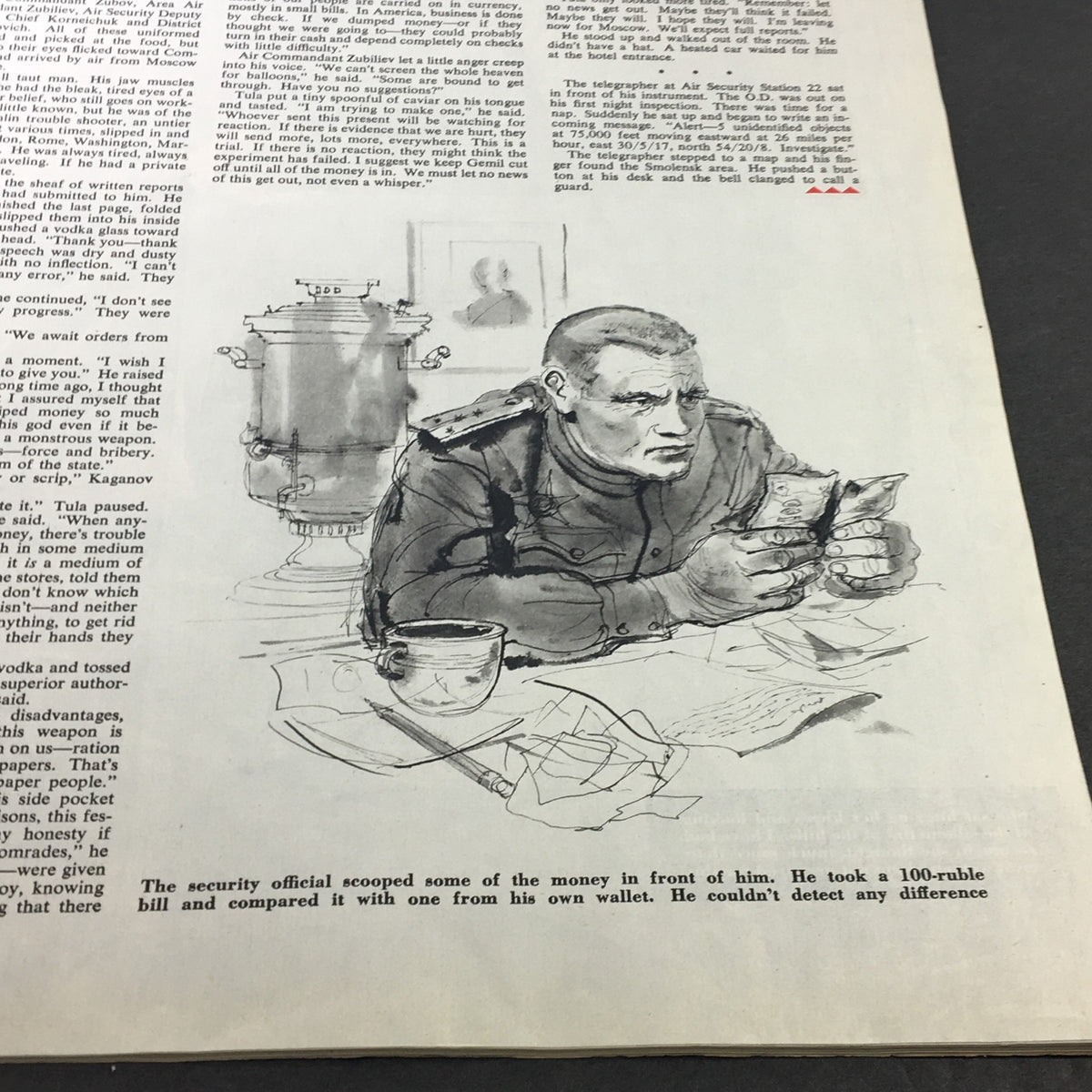 Illustration in Collier's Magazine January 10 1953 depicting a serious military scene with a soldier examining currency.