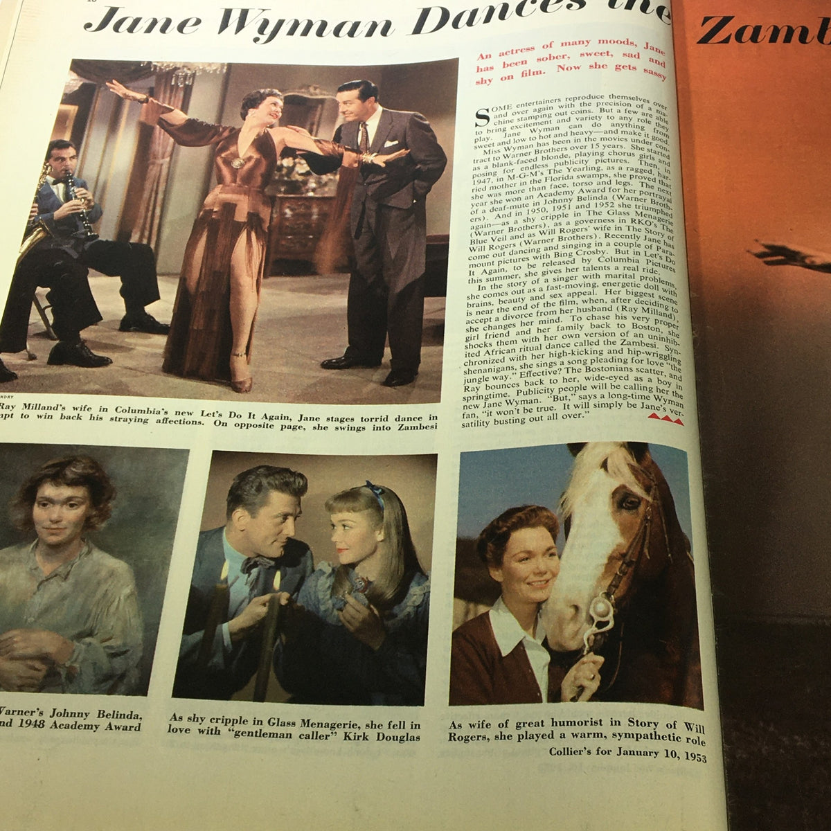 Collier's Magazine January 10 1953 article on actress Jane Wyman dancing in 'Zambesi,' highlighting her film career.